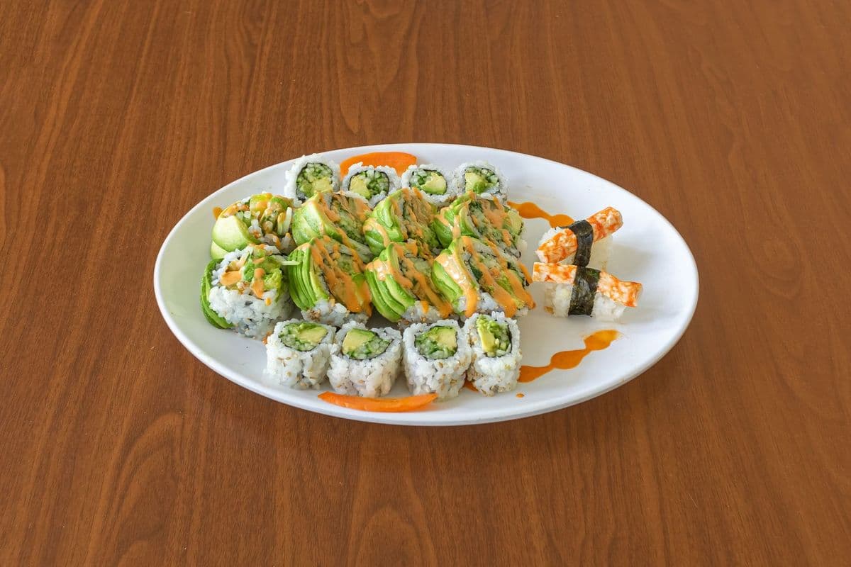 AC7 Green Veggie Dragon Roll (8 pcs), Vegan Crab Sushi (2 pcs), and Avocado Cucumber Roll (8 pcs)