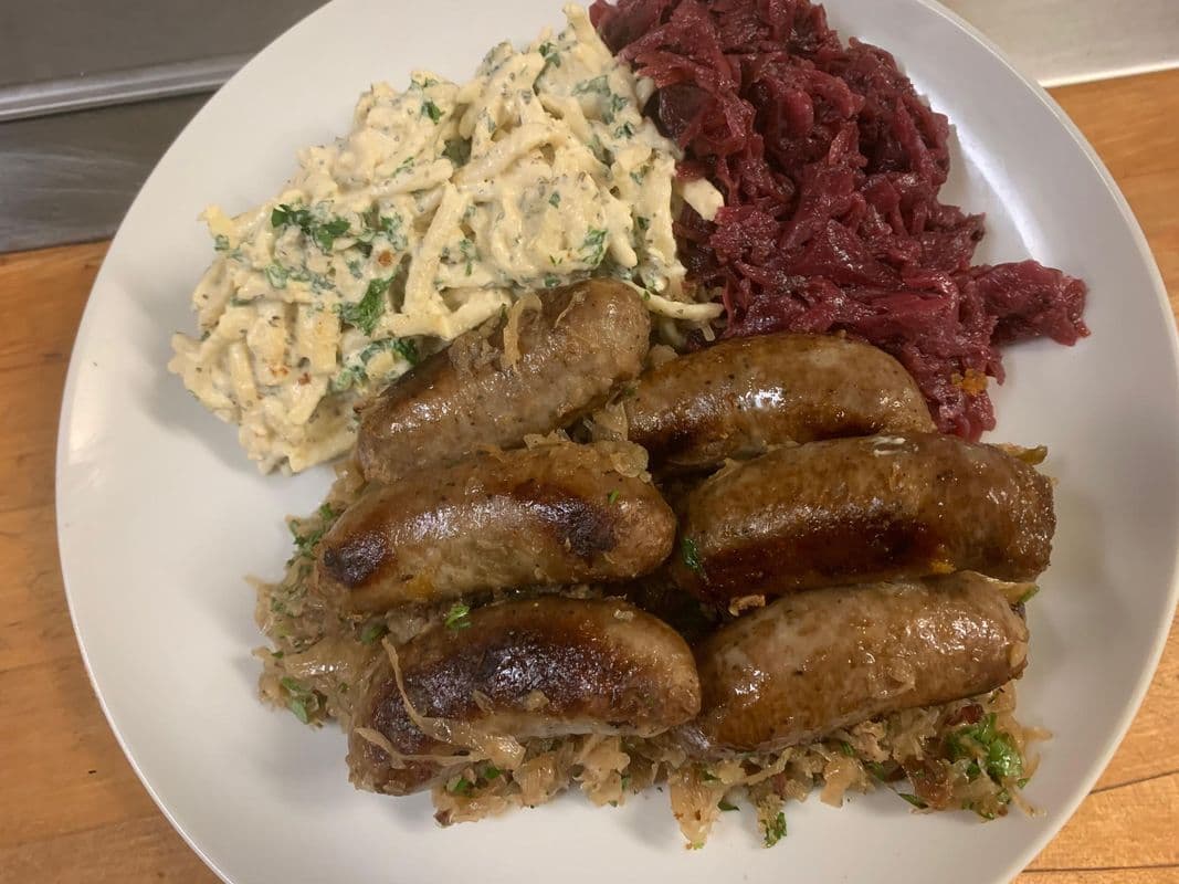 German Bratwurst with Bacon Onion Sauerkraut