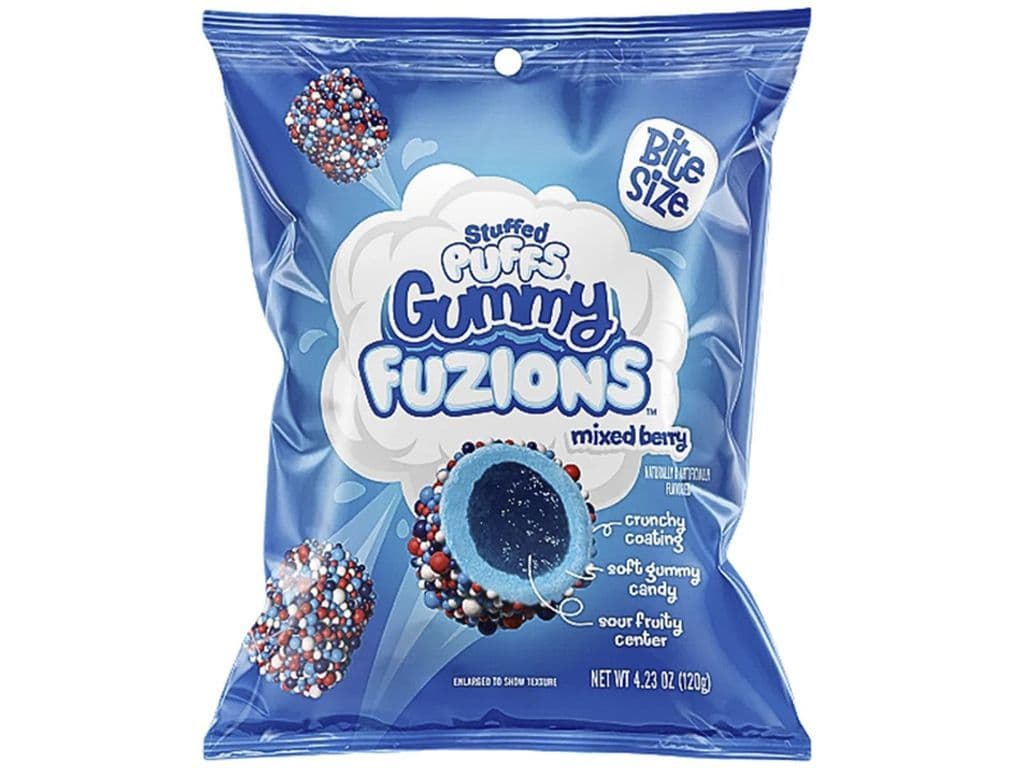 Stuffed Puffs Gummy Fuzions Mixed Berry Gummy Candy Stuffed Marshmallows with Crunchy Coating 120g