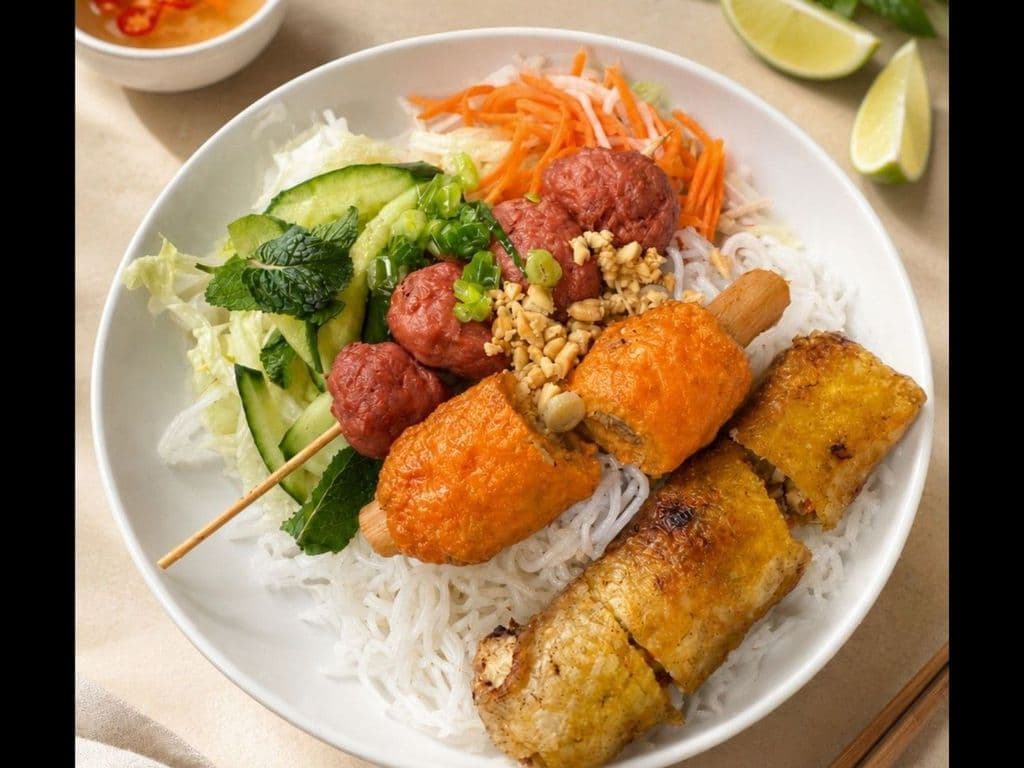 414. Deep Fried Spring Rolls, Sugar Cane Shrimp and Grilled Meatballs Vermicelli