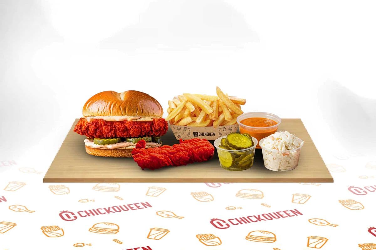 New CQ Hot Box (OG Classic Sandwich, 1 Chicken Tender, Fries, Coleslaw, Pickles and Sauce)