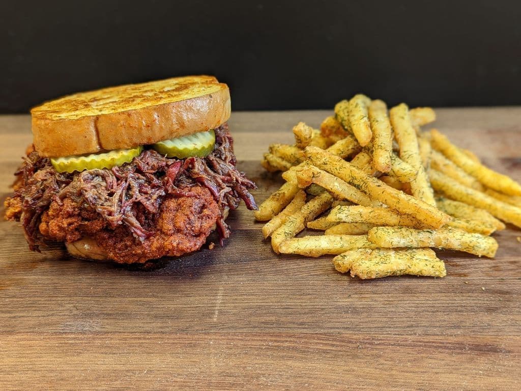Nashville Hot Chicken And Smoked Pulled Beef Sando & Fries