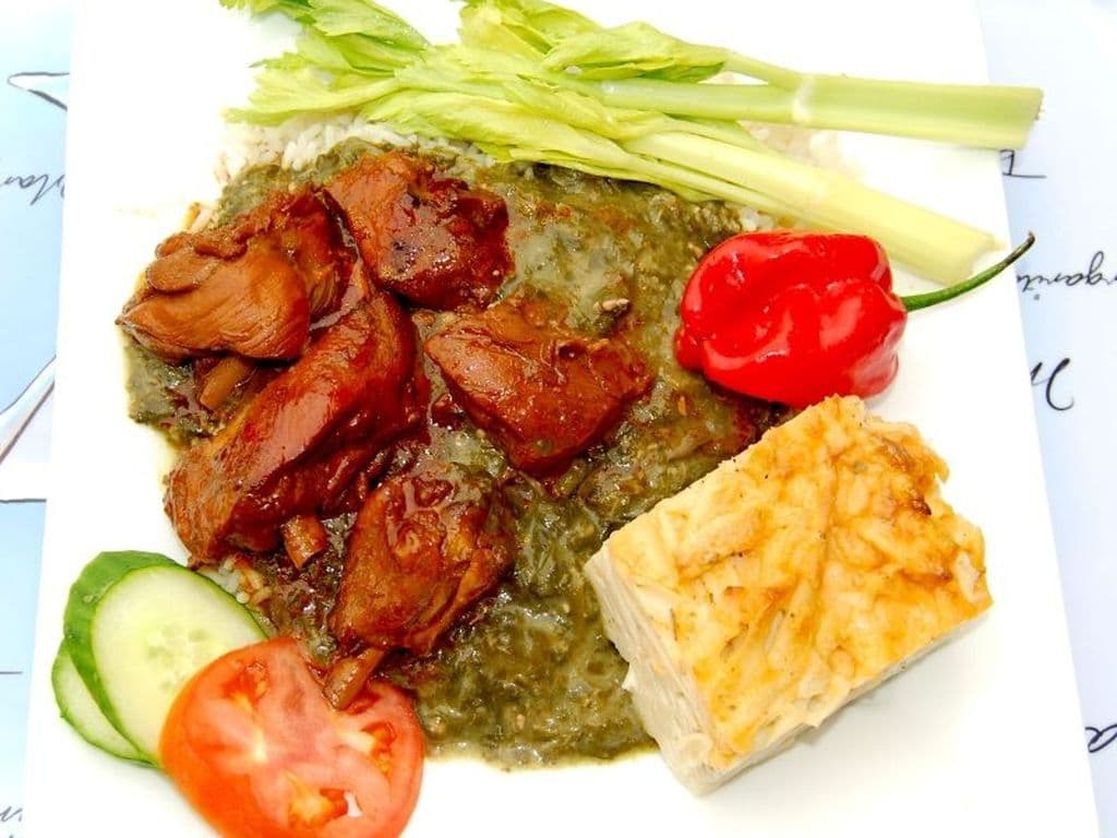 Stew Chicken, Callaloo, & Macaroni Pie on Rice
