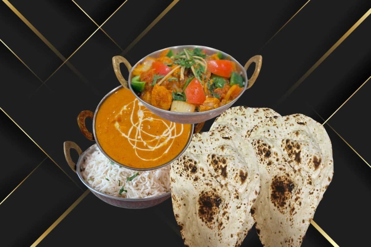 Karahi Paneer, Shahi Paneer, Rice, and Three Pieces of Naan