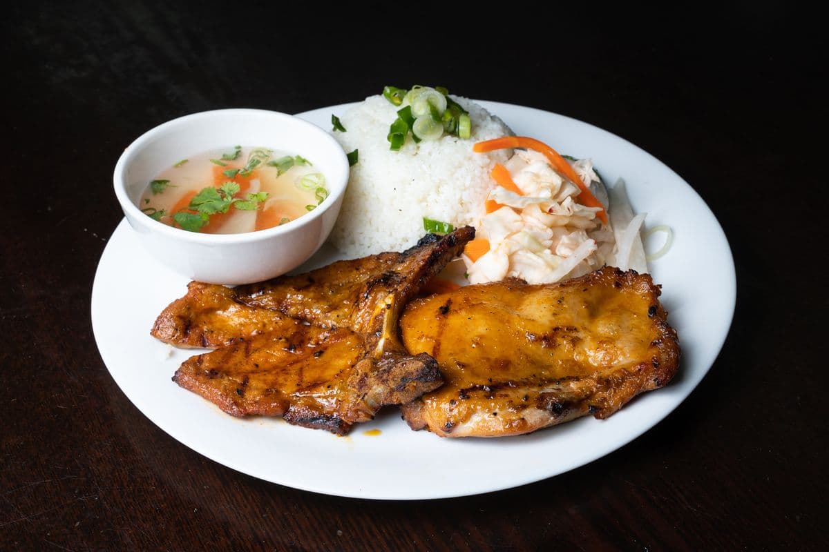 45. Grilled Lemongrass Pork Chop & Chicken on Steamed Rice - Com Suon, Ga Nuong Xa
