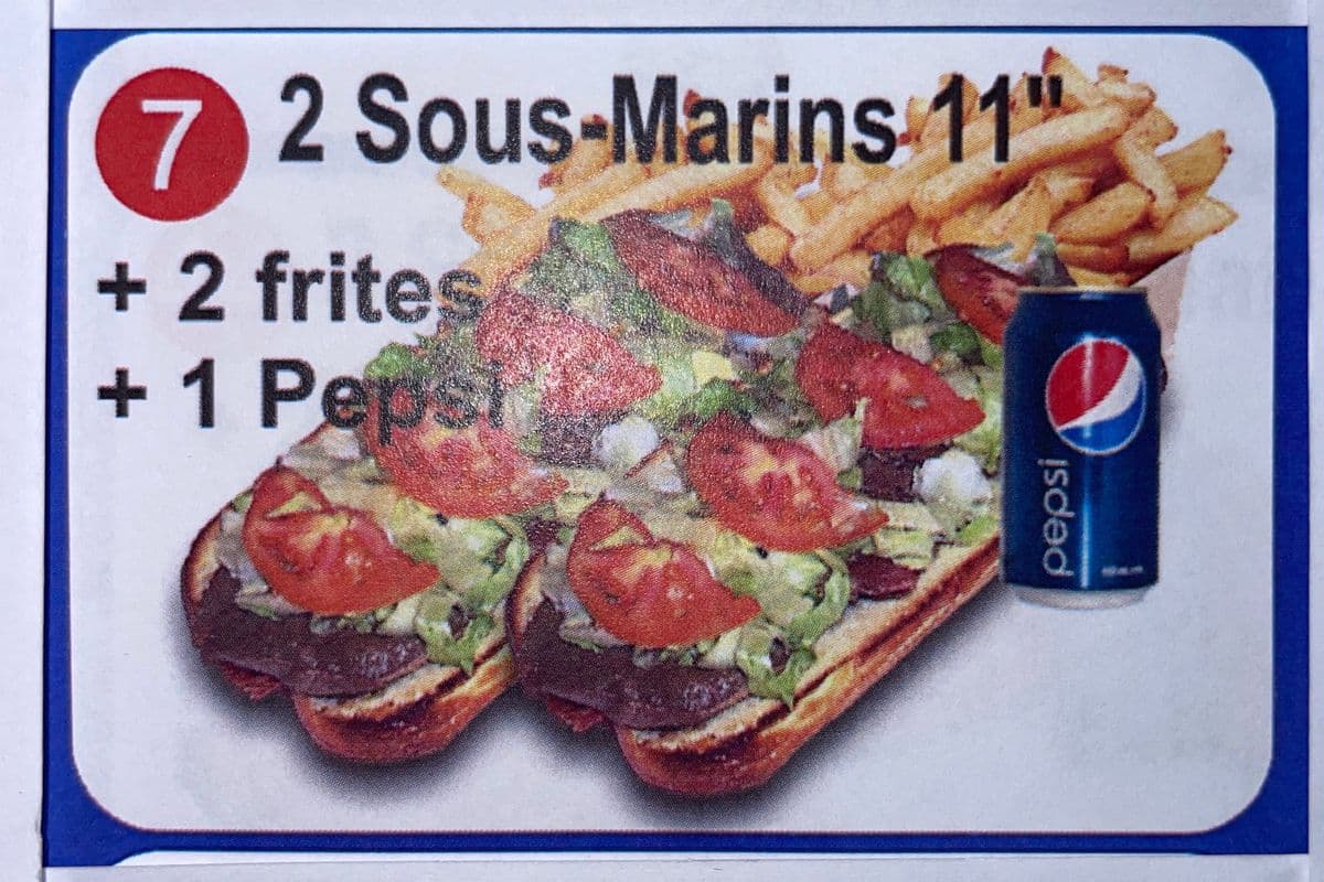 #7 Combo : 2 sous-marins 10" tous garnis + 2 frites + 2 pepsi.