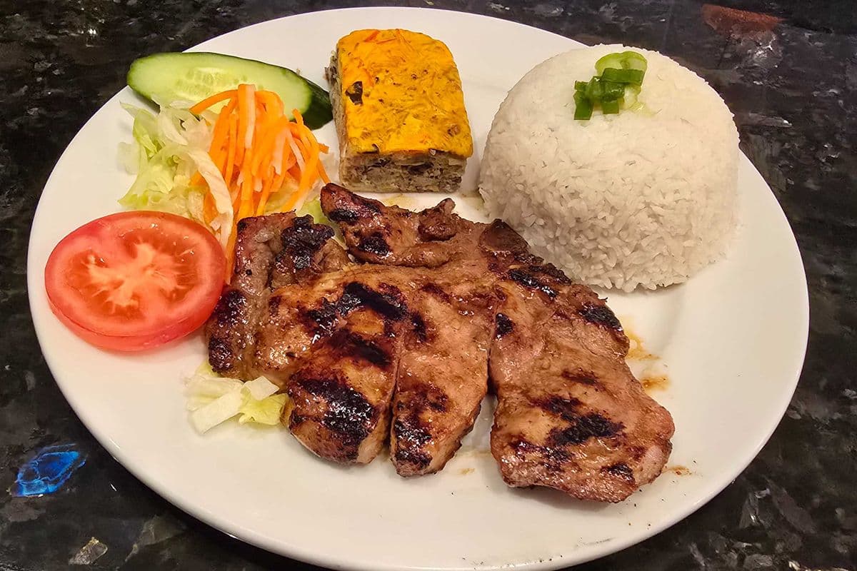 N2 Grilled Pork Chop and Steamed Egg Loaf on Rice (Cơm sườn, chả)