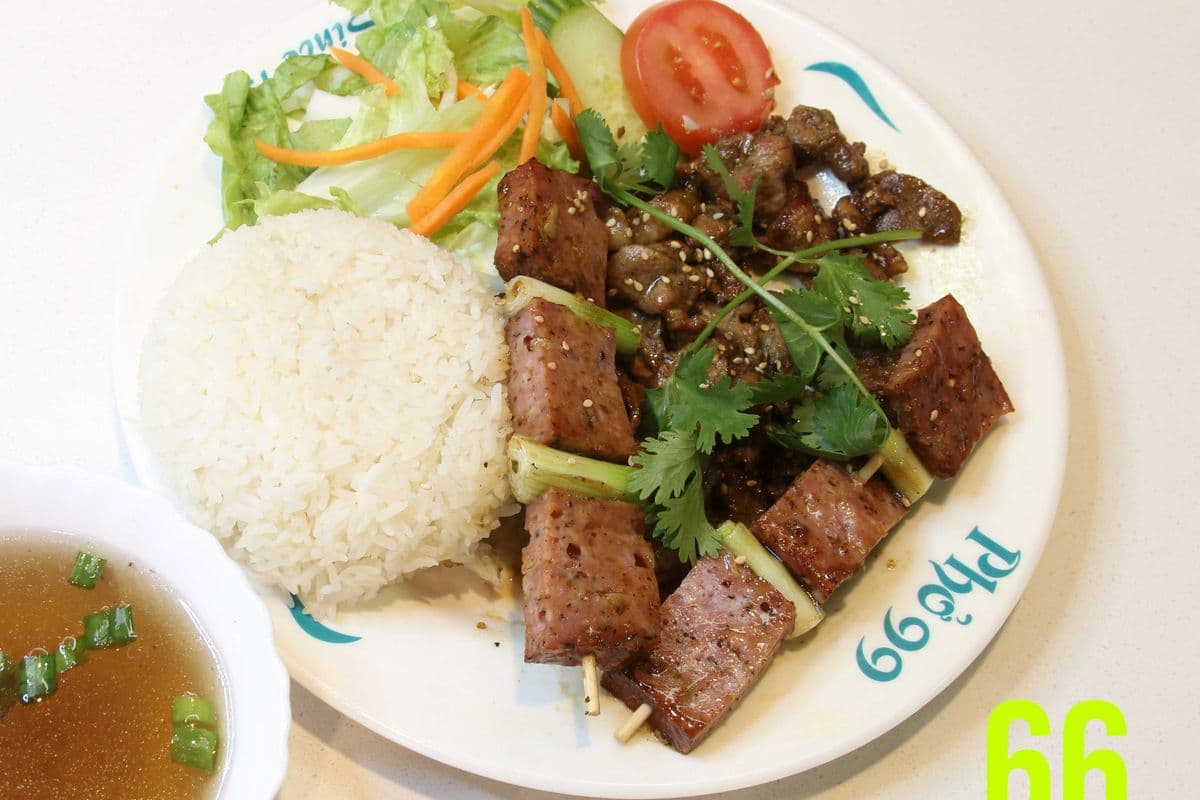 66. Grilled Lemongrass Pork Slices and Minced Pork on Rice