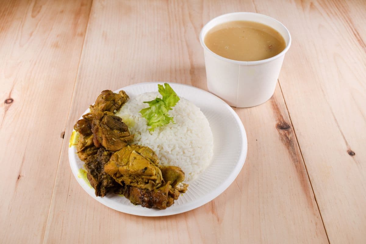 Small Dhal, White Rice and Curry Chicken