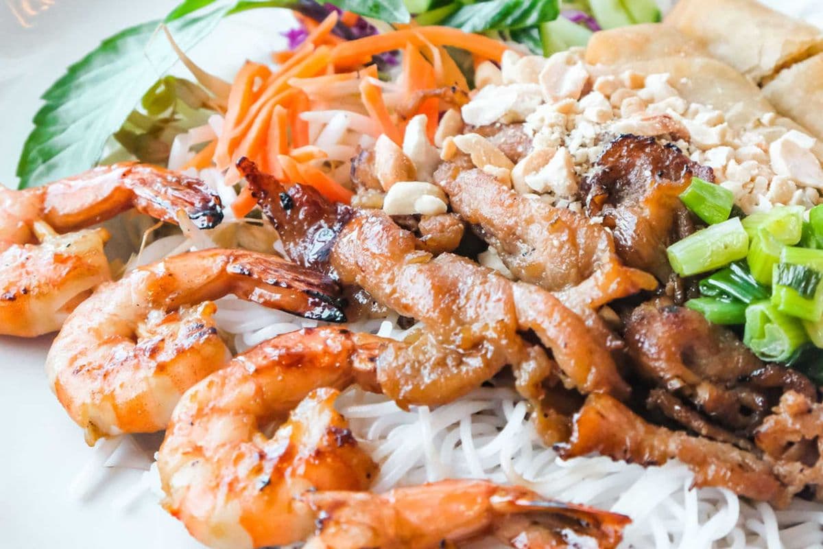 36A. Charbroiled Pork, Shrimp Skewers, and Spring Rolls on Rice Vermicelli