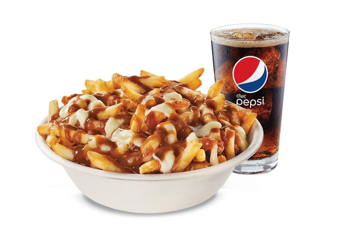 Grand format poutine classique avec boisson gazeuse 20 oz / Large Classic Poutine Combo