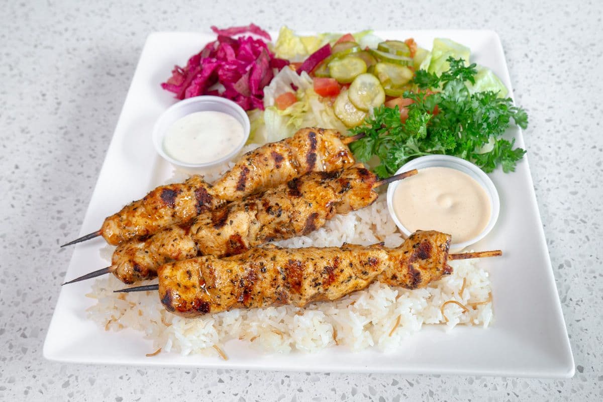 Large Chicken Breast BBQ Skewers with Rice and Salad Plate