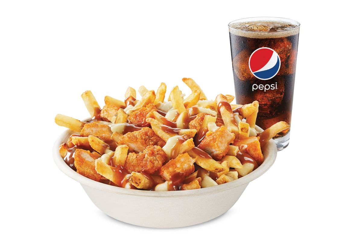 Poutine Poulet épicé avec boisson gazeuse 20 oz / Spicy Chicken Poutine Combo