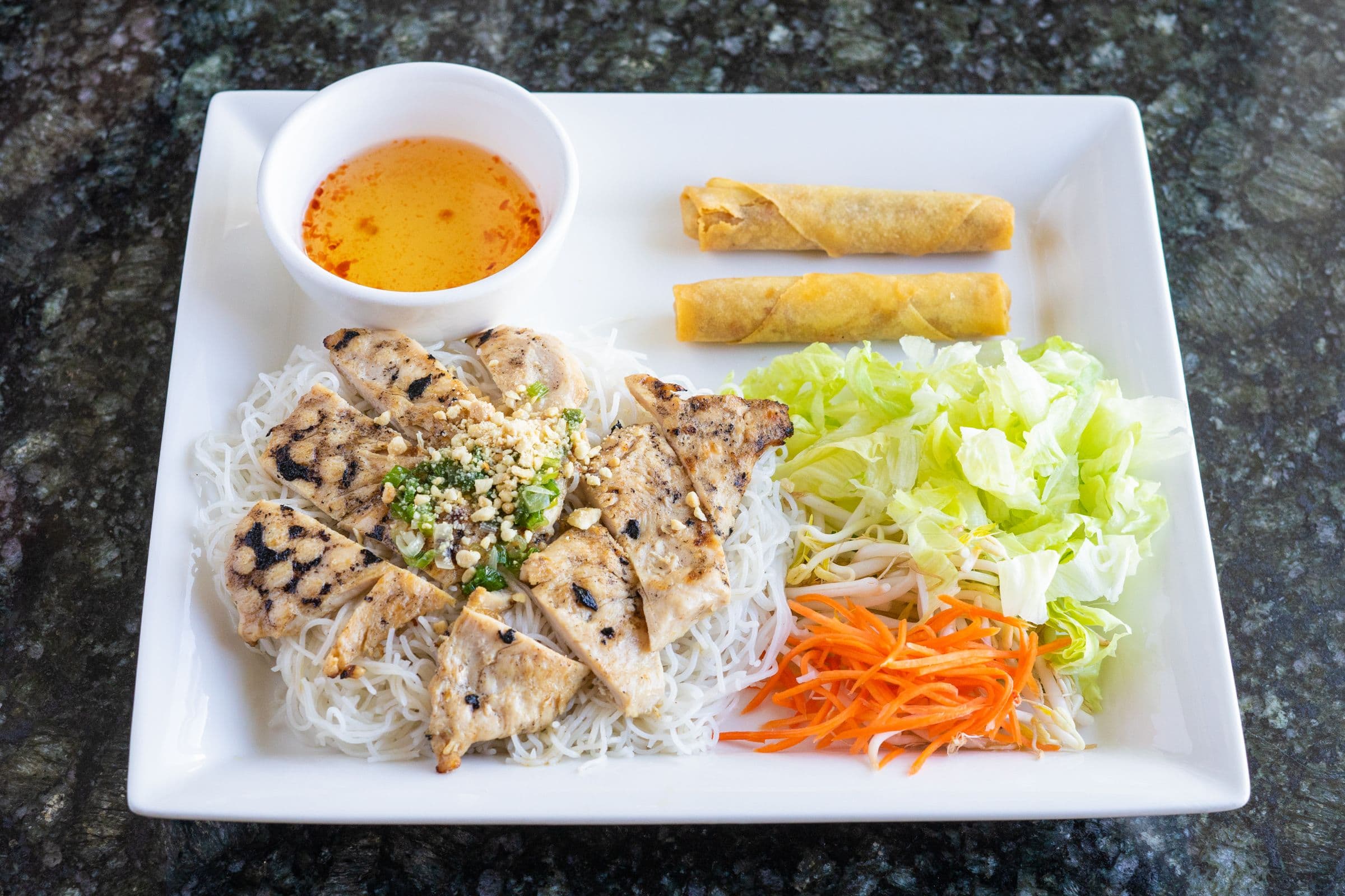 46. Charbroiled Season Chicken and Spring Rolls on Vermicelli - Bun Cha Gio Ga Nuong