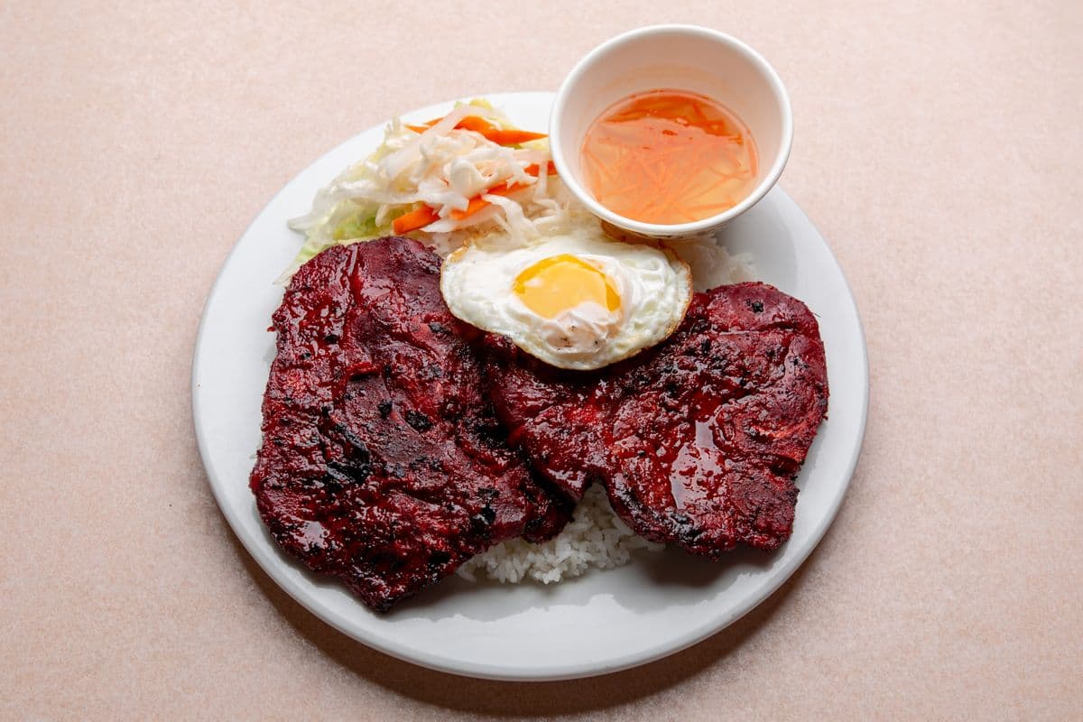 BBQ Pork Chop and Fried Egg with Rice - Com Suon Nuong Trung Chien