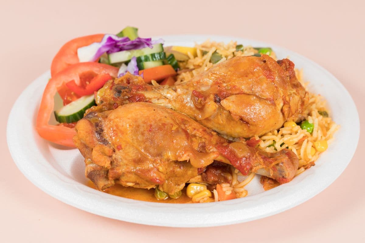 Chicken Curry, Rice, and Salad