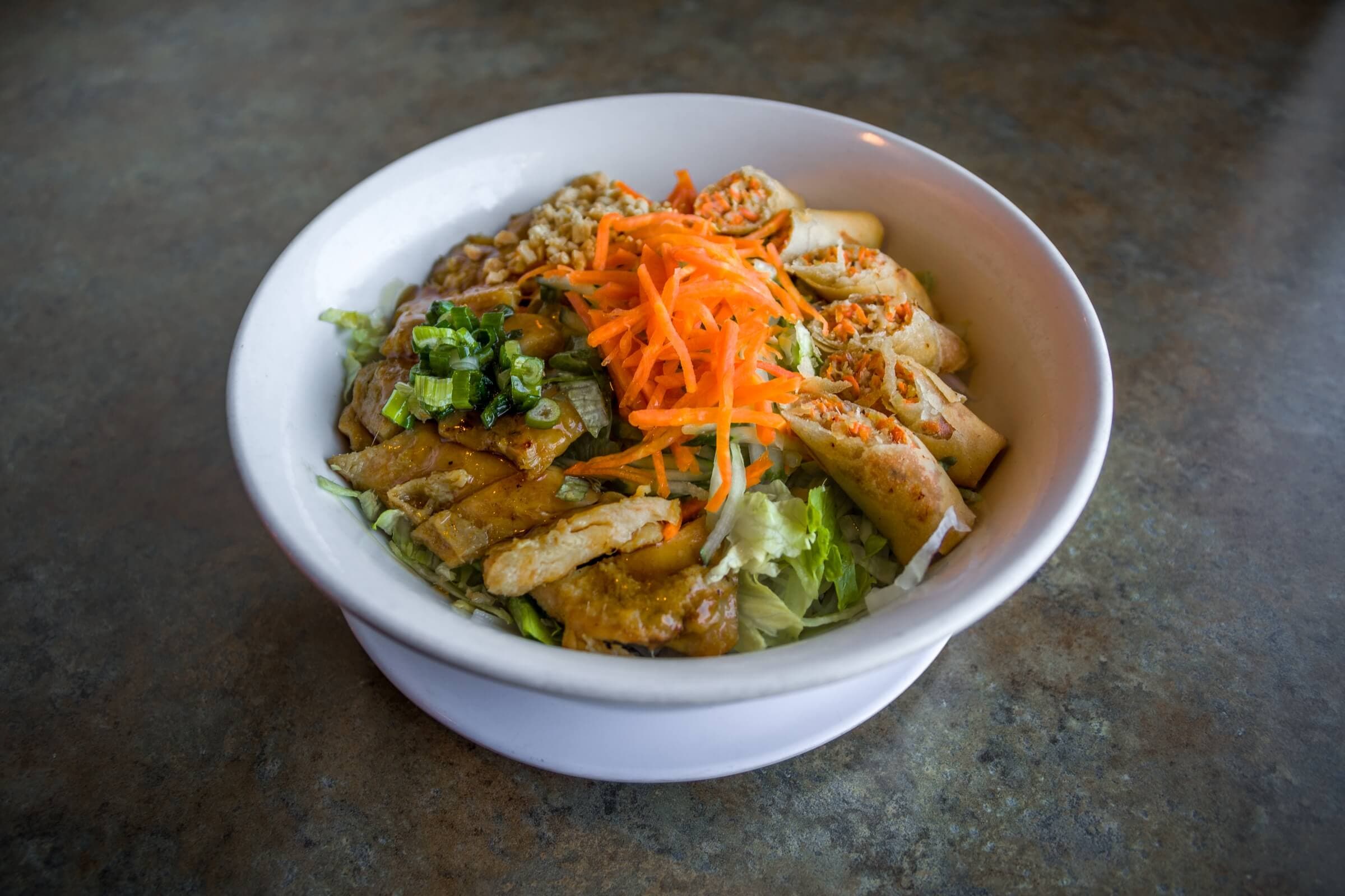 72 B. Grilled Lemongrass Chicken (Breast Meat) & Spring Rolls on Rice Vermicelli